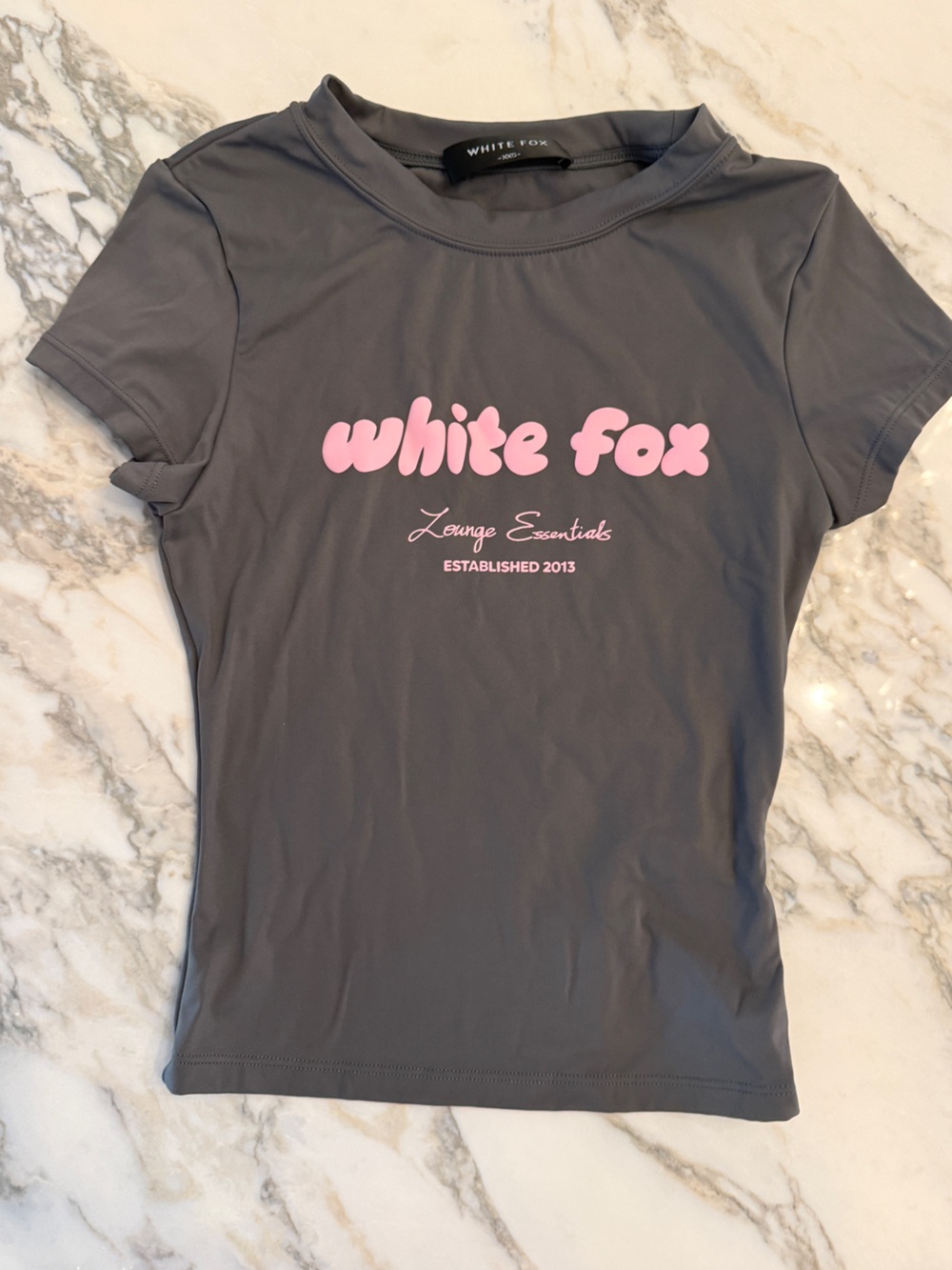 White Fox Boutique Gray Tee with Pink Logo